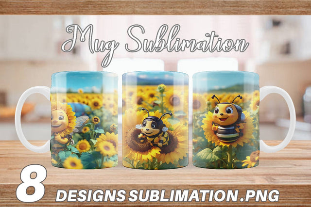 Mug Wrap 3D Cute Bee Sunflowers Sublimation artnoy 