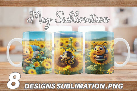 Mug Wrap 3D Cute Bee Sunflowers Sublimation artnoy 