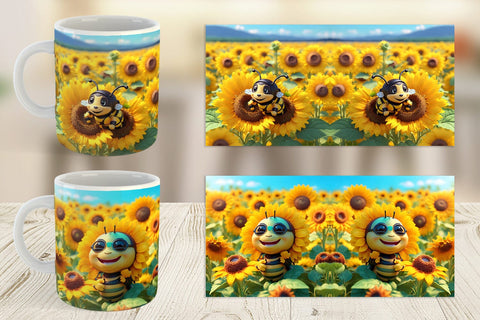 Mug Wrap 3D Cute Bee Sunflowers Sublimation artnoy 