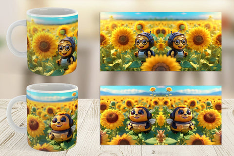 Mug Wrap 3D Cute Bee Sunflowers Sublimation artnoy 