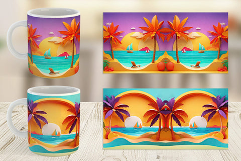 Mug Wrap 3D Paper cut Beach Summer Sublimation artnoy 