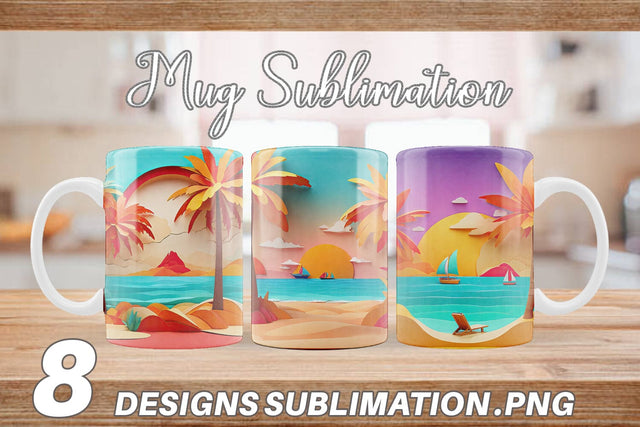 Mug Wrap 3D Paper cut Beach Summer Sublimation artnoy 