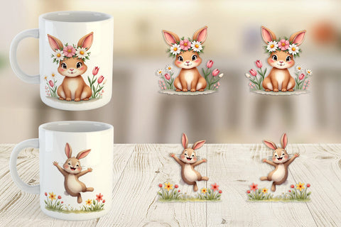 Mug Wrap Adorable Fluffy Easter Bunnies Watercolor Sublimation artnoy 