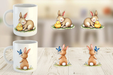 Mug Wrap Adorable Fluffy Easter Bunnies Watercolor Sublimation artnoy 