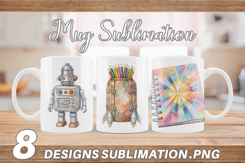 Mug Wrap Atomic Age School Supplies Watercolor Sublimation artnoy 