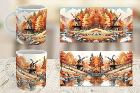 Mug Wrap Autumn Windmill Landscape Sublimation artnoy 