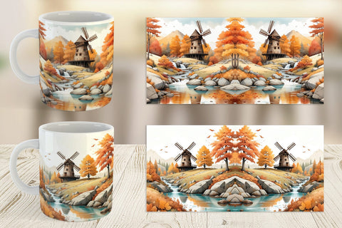 Mug Wrap Autumn Windmill Landscape Sublimation artnoy 