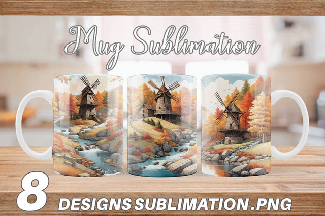 Mug Wrap Autumn Windmill Landscape Sublimation artnoy 