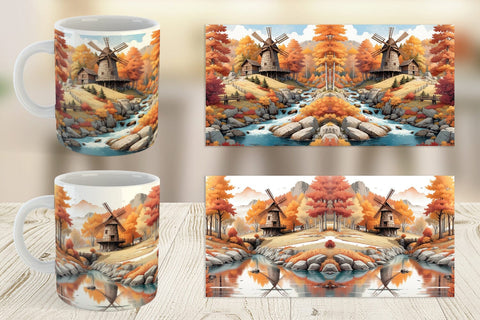 Mug Wrap Autumn Windmill Landscape Sublimation artnoy 