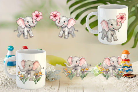 Mug Wrap Baby Elephant Floral Parade Watercolor Sublimation artnoy 