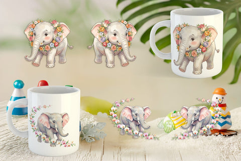 Mug Wrap Baby Elephant Floral Parade Watercolor Sublimation artnoy 