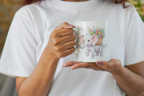 Mug Wrap Baby Elephant Floral Parade Watercolor Sublimation artnoy 
