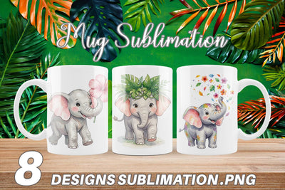 Mug Wrap Baby Elephant Floral Parade Watercolor Sublimation artnoy 