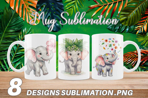 Mug Wrap Baby Elephant Floral Parade Watercolor Sublimation artnoy 