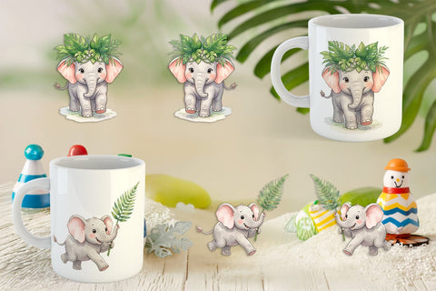 Mug Wrap Baby Elephant Floral Parade Watercolor Sublimation artnoy 