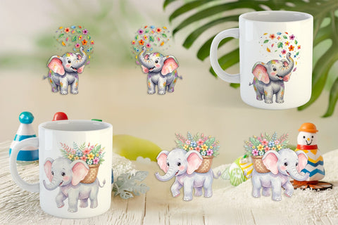 Mug Wrap Baby Elephant Floral Parade Watercolor Sublimation artnoy 