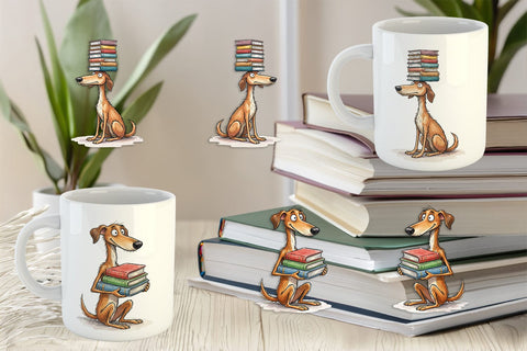 Mug Wrap Bibliophile Dog Book Stack Watercolor Sublimation artnoy 