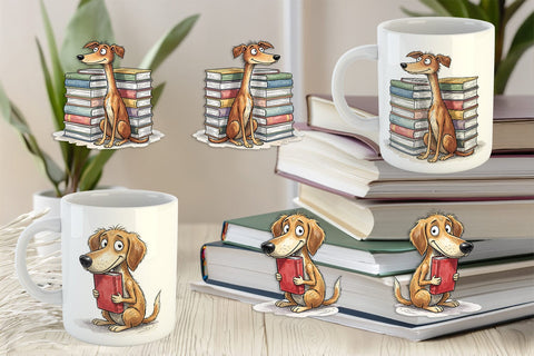 Mug Wrap Bibliophile Dog Book Stack Watercolor Sublimation artnoy 