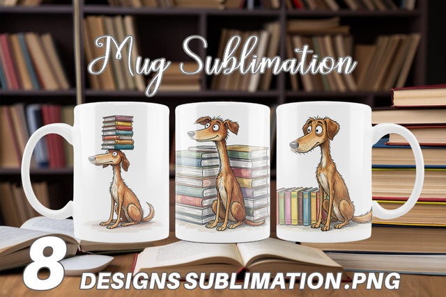 Mug Wrap Bibliophile Dog Book Stack Watercolor Sublimation artnoy 