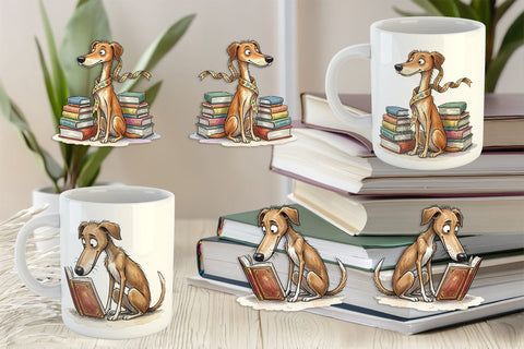 Mug Wrap Bibliophile Dog Book Stack Watercolor Sublimation artnoy 