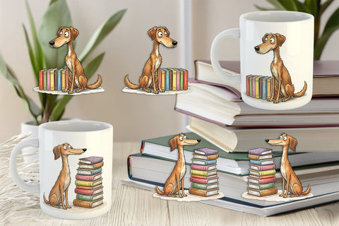 Mug Wrap Bibliophile Dog Book Stack Watercolor Sublimation artnoy 