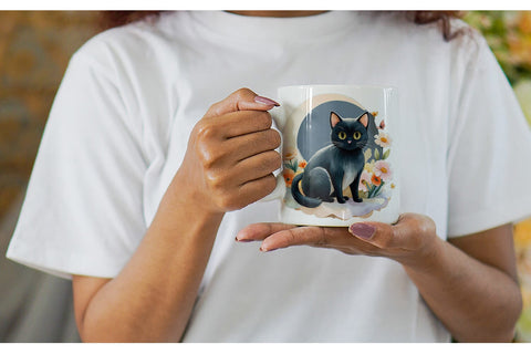 Mug Wrap Black Cat Watercolor Floral Sublimation artnoy 
