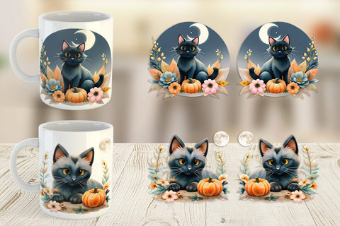 Mug Wrap Black Cat Watercolor Floral Sublimation artnoy 