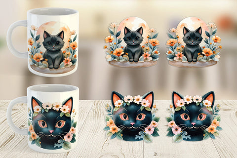 Mug Wrap Black Cat Watercolor Floral Sublimation artnoy 
