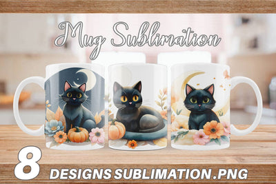 Mug Wrap Black Cat Watercolor Floral Sublimation artnoy 