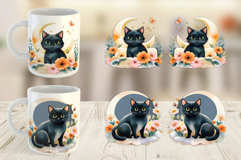 Mug Wrap Black Cat Watercolor Floral Sublimation artnoy 
