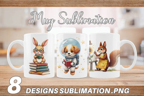 Mug Wrap Brainy Buddies Scholarly Animals Watercolor Sublimation artnoy 