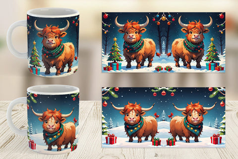 Mug Wrap Cartoon Christmas Highland Cow Sublimation artnoy 