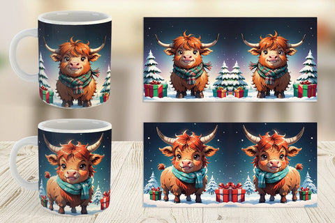 Mug Wrap Cartoon Christmas Highland Cow Sublimation artnoy 