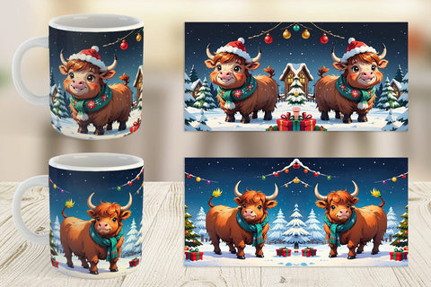 Mug Wrap Cartoon Christmas Highland Cow Sublimation artnoy 
