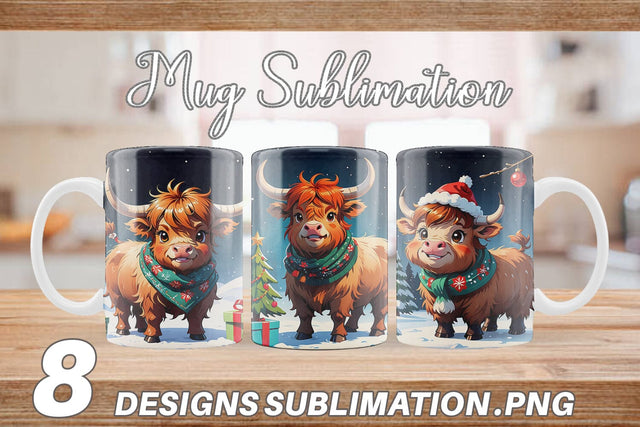 Mug Wrap Cartoon Christmas Highland Cow Sublimation artnoy 