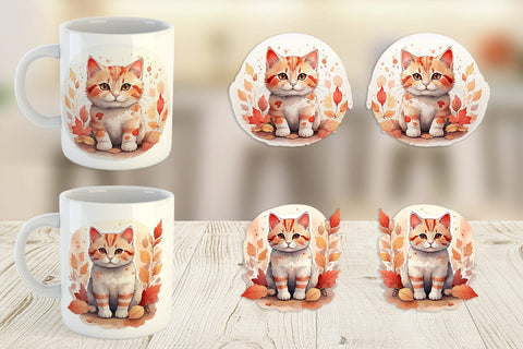 Mug Wrap Cat Among Falling Leaves Sublimation artnoy 