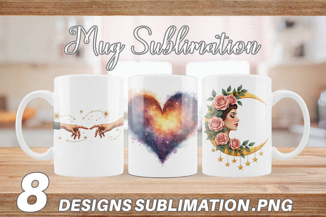 Mug Wrap Celestial Love & Vintage Valentine Watercolor Sublimation artnoy 