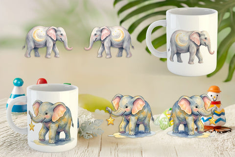 Mug Wrap Celestial Night Elephant Watercolor Sublimation artnoy 