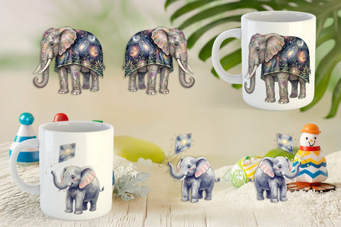 Mug Wrap Celestial Night Elephant Watercolor Sublimation artnoy 