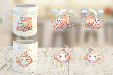 Mug Wrap Cheerful Nursery Vehicle Watercolor Sublimation artnoy 