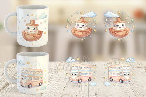 Mug Wrap Cheerful Nursery Vehicle Watercolor Sublimation artnoy 