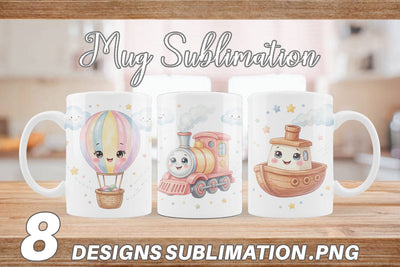Mug Wrap Cheerful Nursery Vehicle Watercolor Sublimation artnoy 