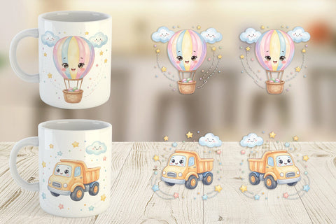 Mug Wrap Cheerful Nursery Vehicle Watercolor Sublimation artnoy 