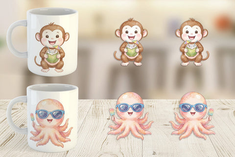 Mug Wrap Cheerful Summer Animals Watercolor Sublimation artnoy 