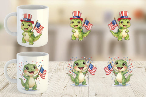 Mug Wrap Chibi Patriotic Parade Dino Watercolor Sublimation artnoy 