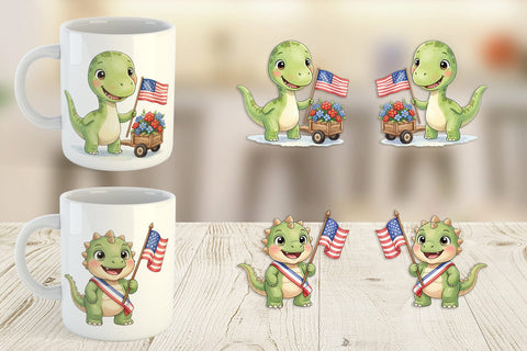 Mug Wrap Chibi Patriotic Parade Dino Watercolor Sublimation artnoy 
