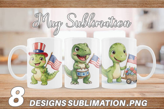 Mug Wrap Chibi Patriotic Parade Dino Watercolor Sublimation artnoy 