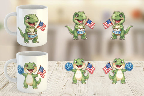 Mug Wrap Chibi Patriotic Parade Dino Watercolor Sublimation artnoy 