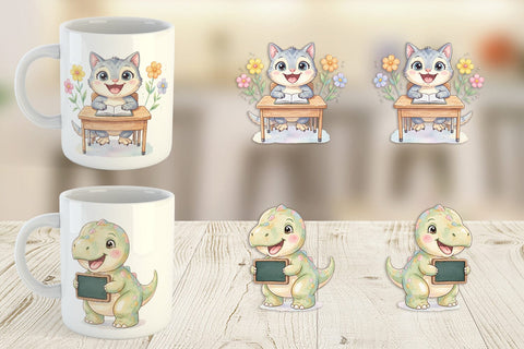 Mug Wrap Chubby School Dino Watercolor Sublimation artnoy 