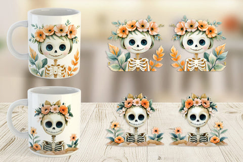 Mug Wrap Cute Skeleton Watercolor Floral Sublimation artnoy 